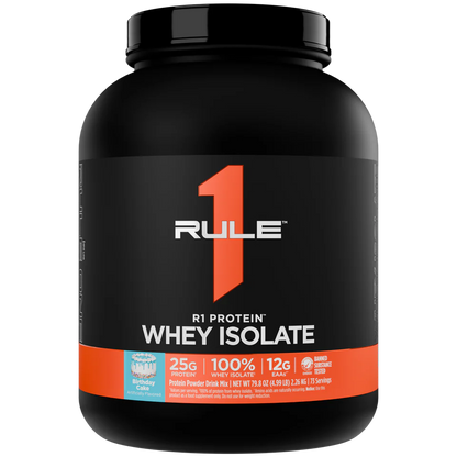 Rule 1 Whey Isolate protein powder container on a white background
