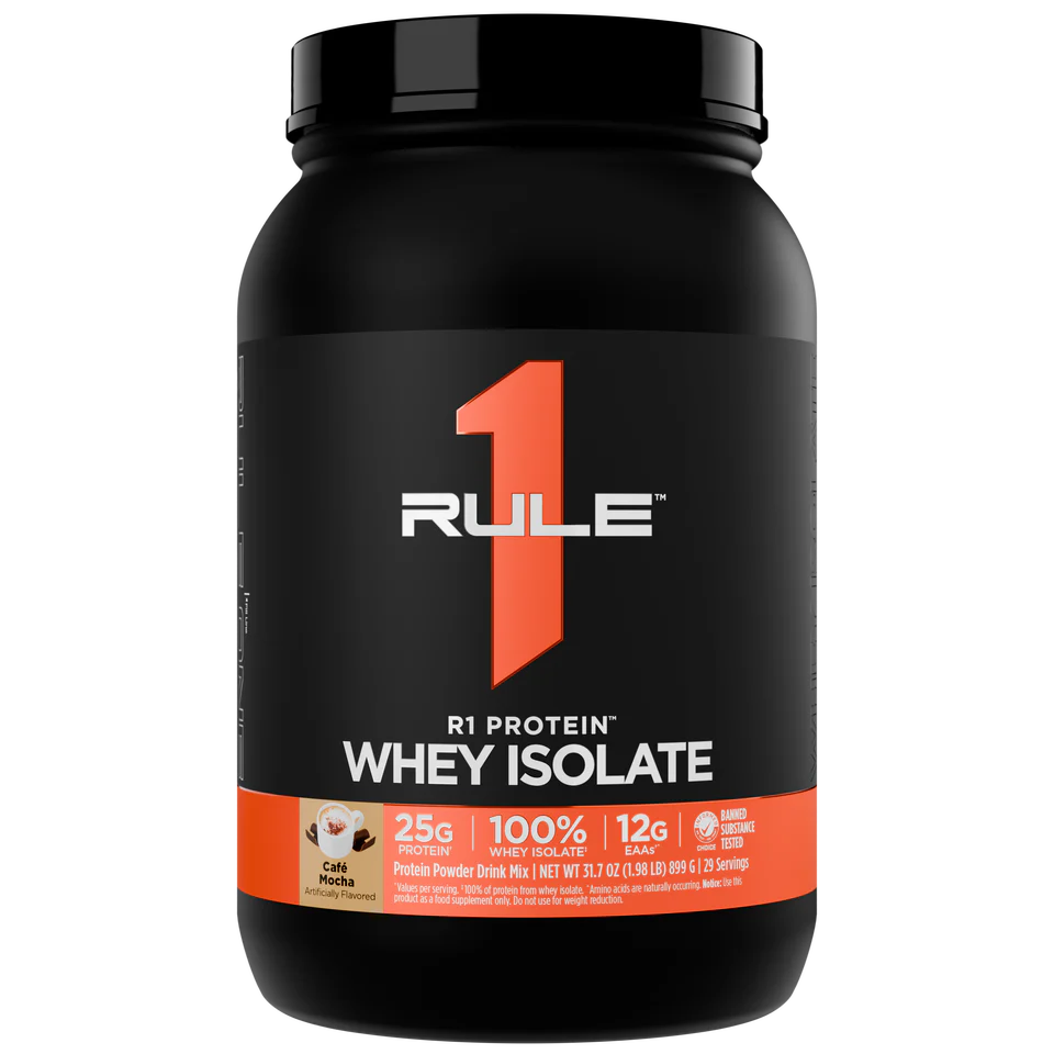 Rule 1 Whey Isolate protein powder container on a white background