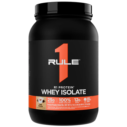 Rule 1 Whey Isolate protein powder container on a white background