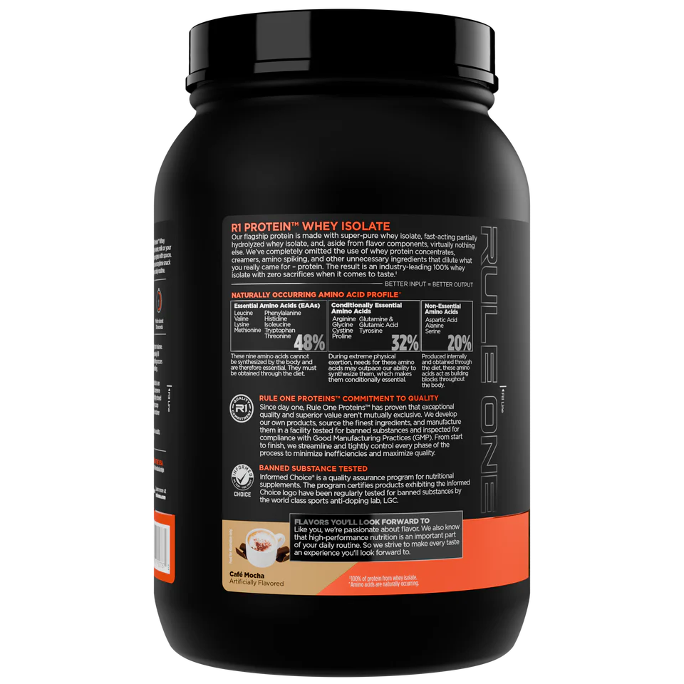 Black protein powder container with orange and white text on a white background