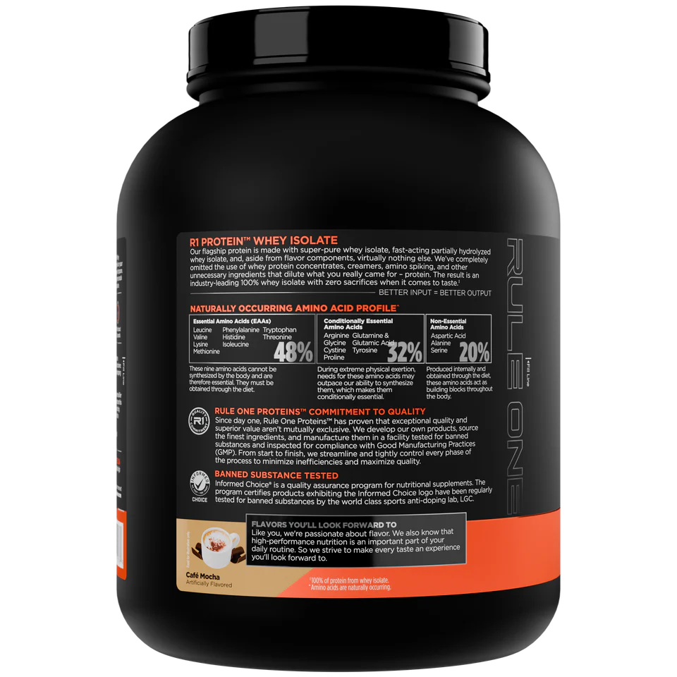 Black protein supplement container with orange text on a white background