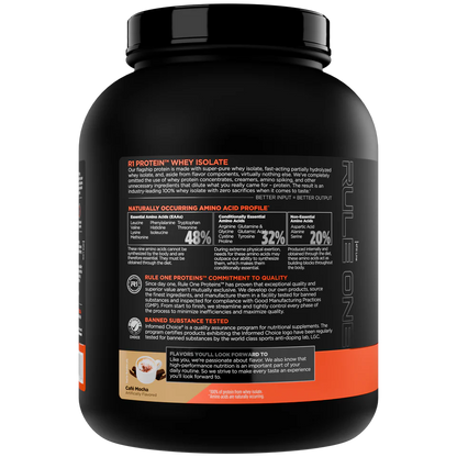 Black protein supplement container with orange text on a white background