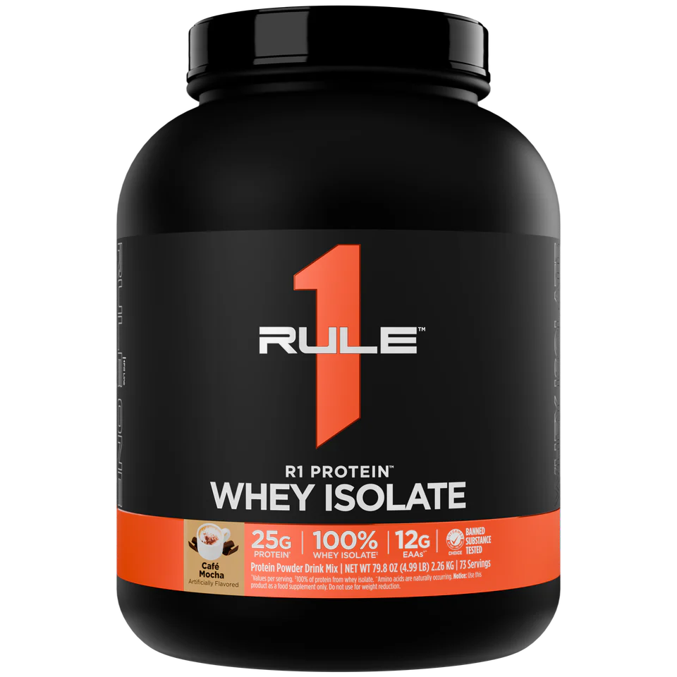 Rule 1 Whey Isolate protein powder container on a white background