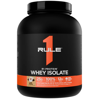 Rule 1 Whey Isolate protein powder container on a white background