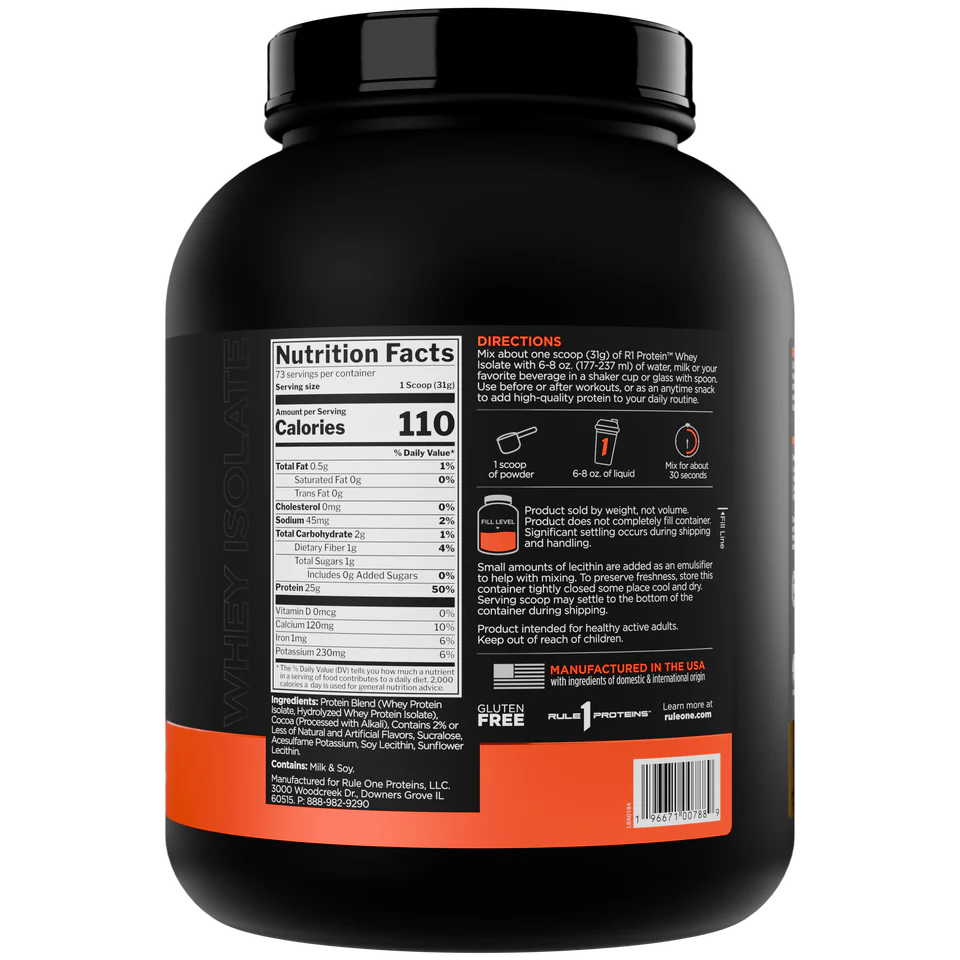 Back view of a protein powder container with nutritional information and directions.