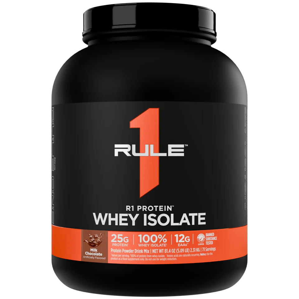 Rule 1 Whey Isolate protein powder container on a white background