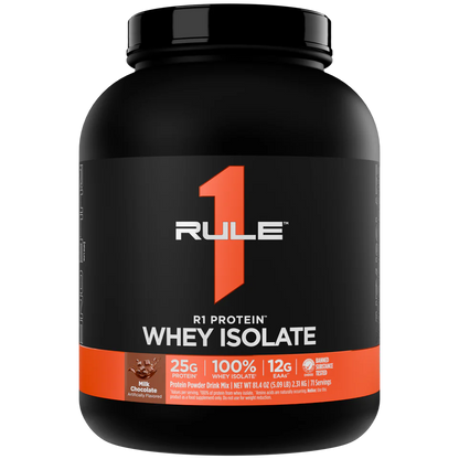 Rule 1 Whey Isolate protein powder container on a white background