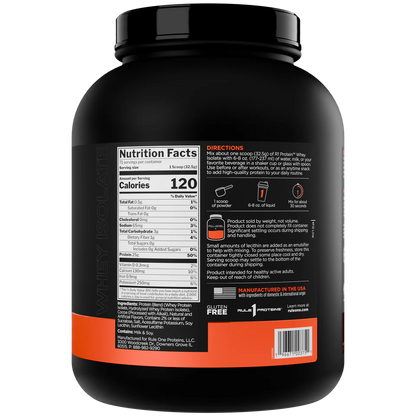 Back view of a protein supplement container with nutrition facts label and directions.