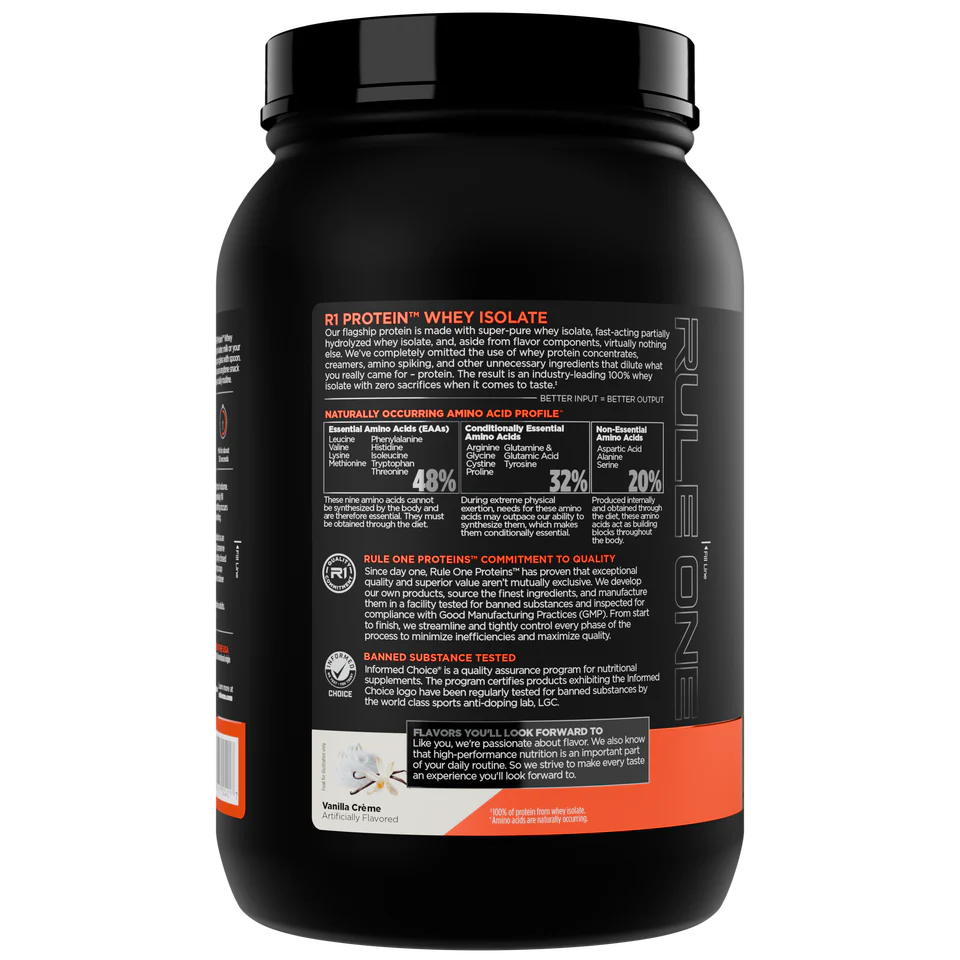 Black protein powder container with orange accents on a white background
