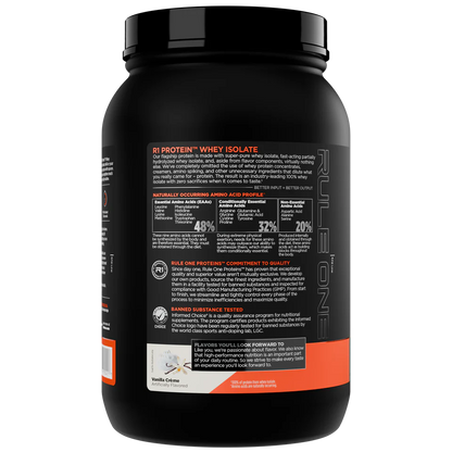 Black protein powder container with orange accents on a white background
