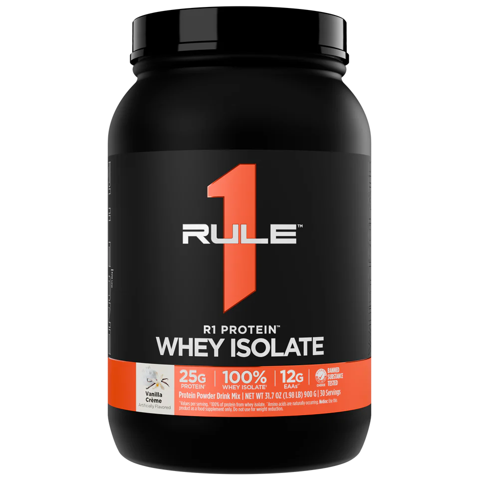 Rule 1 Whey Isolate protein powder container on a white background