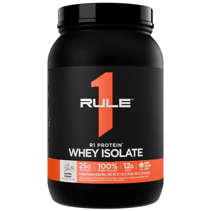 Rule 1 Whey Isolate protein powder container on a white background