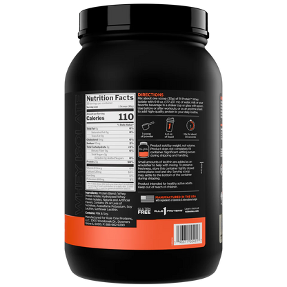 Black protein powder container with nutrition facts label on a white background