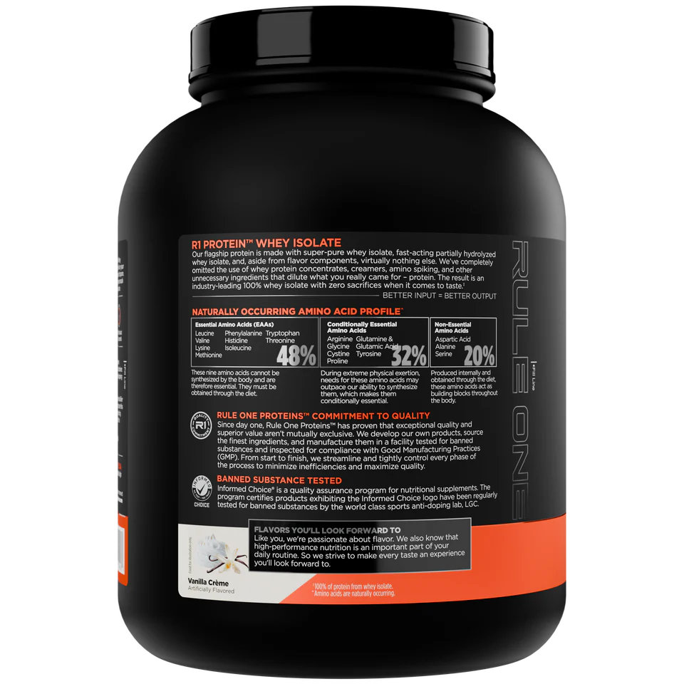 Back view of a protein supplement container with text and branding on a white background