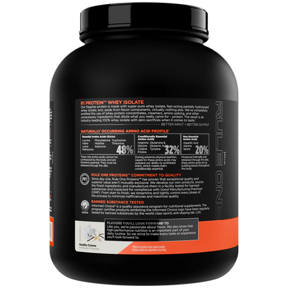 Back view of a protein supplement container with text and branding on a white background