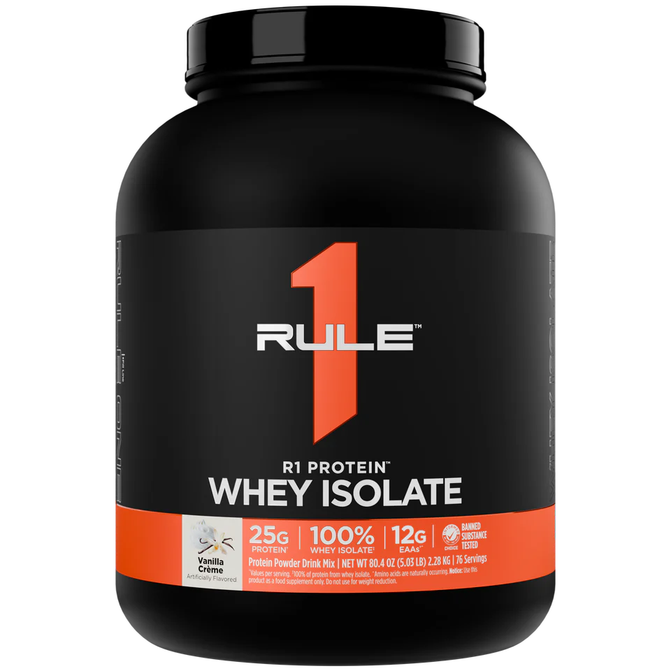 Rule 1 Whey Isolate protein powder container on a white background