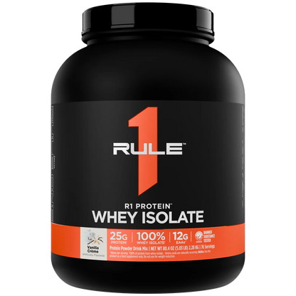 Rule 1 Whey Isolate protein powder container on a white background