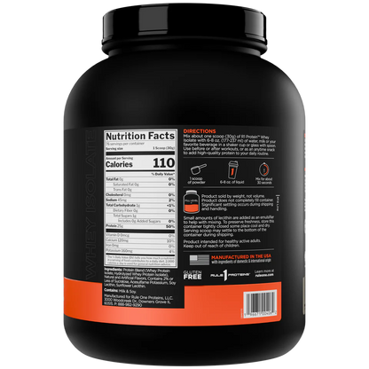 Black protein powder container with nutrition facts label on a white background