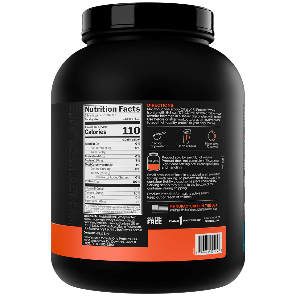 Back label of a protein supplement container with nutritional information and directions.