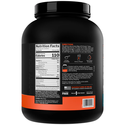 Back label of a protein supplement container with nutritional information and directions.