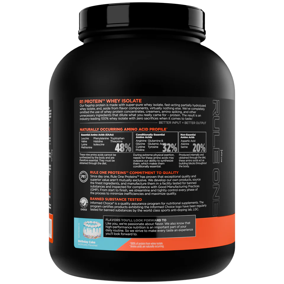 Black protein supplement container with text on a white background