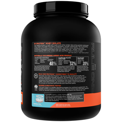 Black protein supplement container with text on a white background