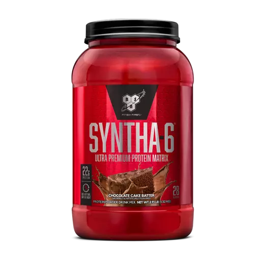 Red protein supplement container with 'Syntha-6' branding on a white background