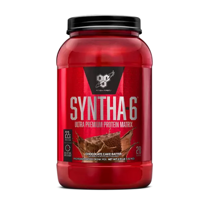 Red protein supplement container with 'Syntha-6' branding on a white background