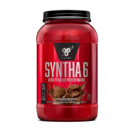 Red protein supplement container with 'Syntha-6' branding on a white background