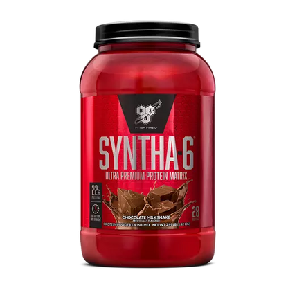 Red protein supplement container with 'Syntha-6' branding on a white background