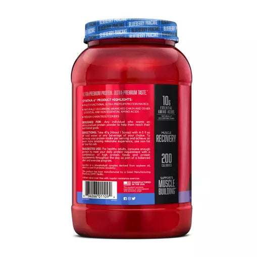 Red protein supplement container with blue label on a white background