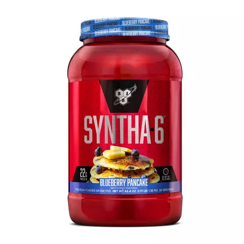 Red container of Syntha-6 Blueberry Pancake protein powder with blue cap on a white background