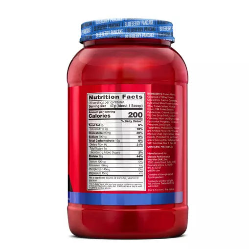 Red supplement container with blue label on a white background
