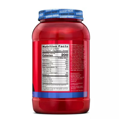 Red supplement container with blue label on a white background