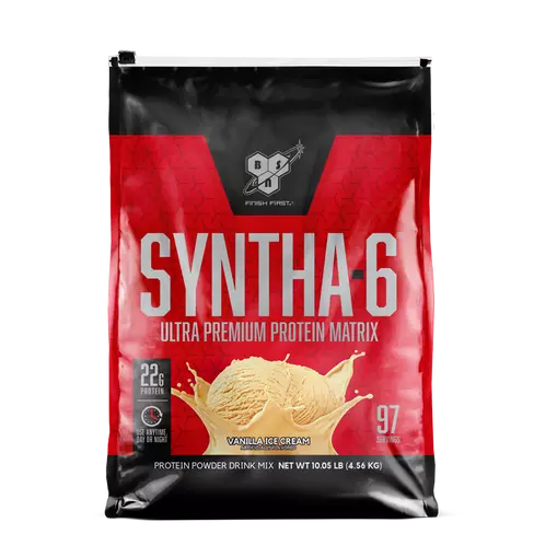 Syntha-6 protein powder package with red and black design