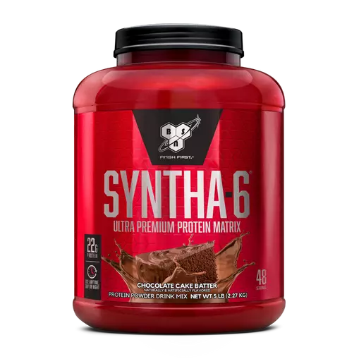 Red protein powder container with BSN Syntha-6 branding on a white background