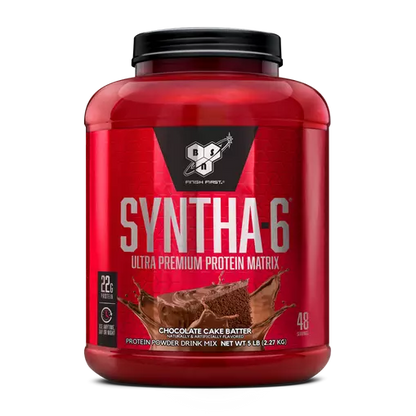 Red protein powder container with BSN Syntha-6 branding on a white background