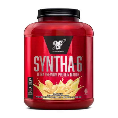 Red protein powder container with 'Syntha-6' branding on a white background