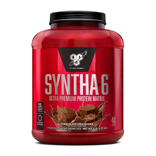 Red protein powder container with BSN Syntha-6 branding on a white background
