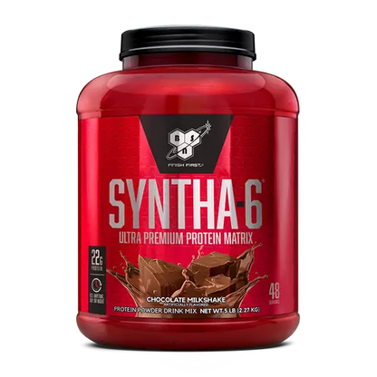 Red protein powder container with BSN Syntha-6 branding on a white background