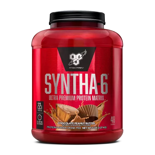 Red protein powder container with BSN Syntha-6 branding on a white background