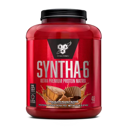 Red protein powder container with BSN Syntha-6 branding on a white background