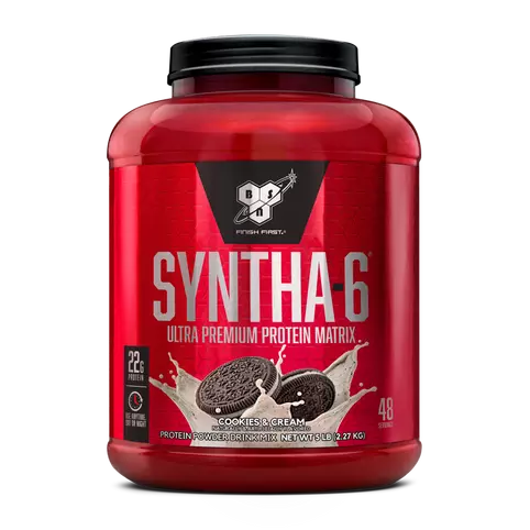 Red protein supplement container with 'Syntha-6' branding on a white background
