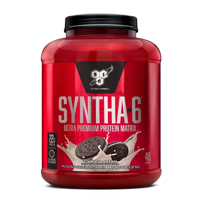 Red protein supplement container with 'Syntha-6' branding on a white background