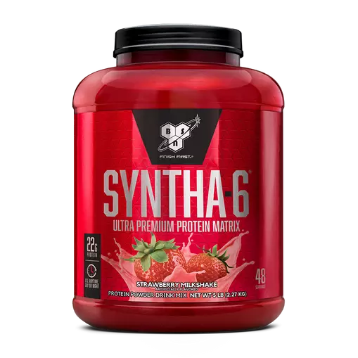 Red protein supplement container with strawberry flavor on a white background