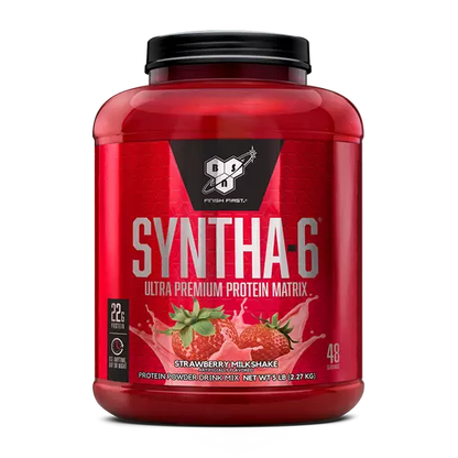 Red protein supplement container with strawberry flavor on a white background