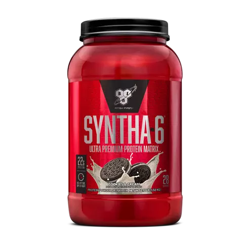Red protein supplement container with 'Syntha-6' branding on a white background