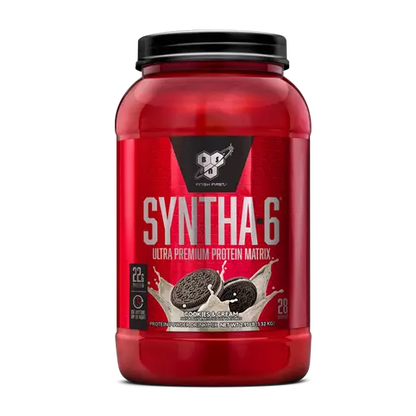 Red protein supplement container with 'Syntha-6' branding on a white background