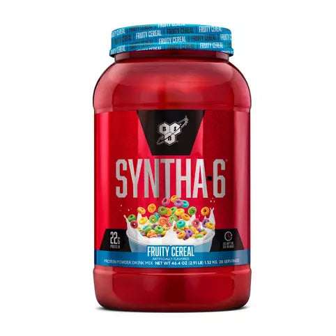 Red container of Syntha-6 Fruity Cereal flavor protein powder with blue cap on a white background