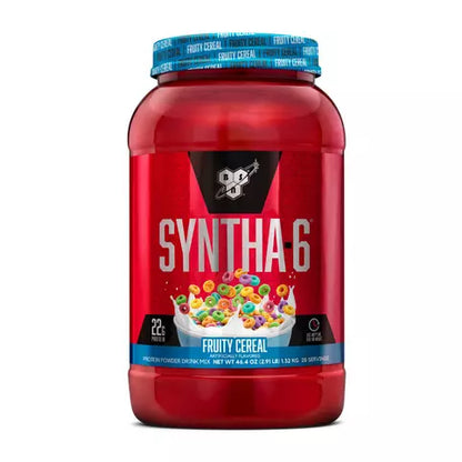 Red container of Syntha-6 Fruity Cereal flavor protein powder with blue cap on a white background